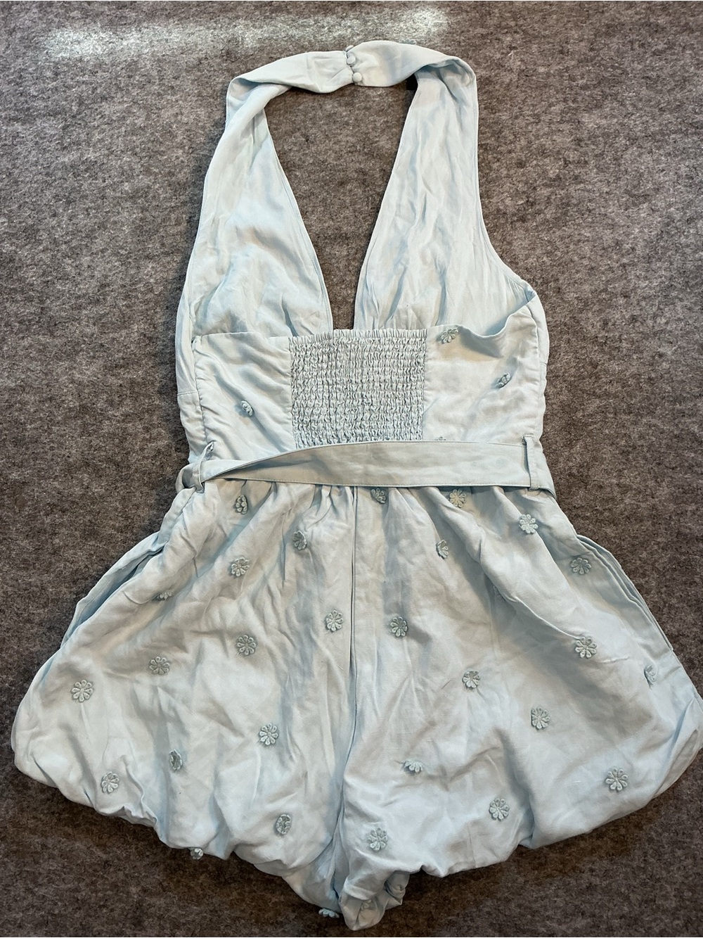 Anthropologie Linen Blend Bubble Light Blue Embroidered Halter Romper with Belt - Picture 5 of 5